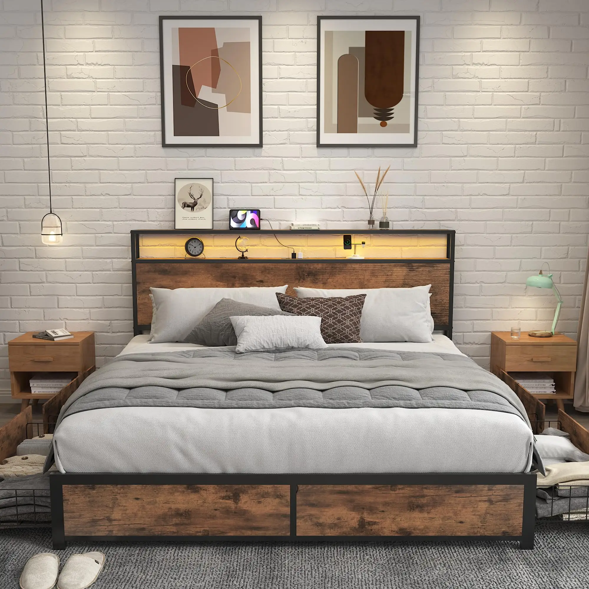 Lit plateforme moderne en bois mdf double métal/bois avec rangement et meubles de chambre à coucher à 4 tiroirs