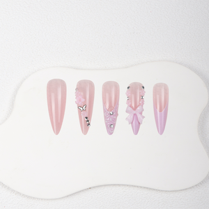 <span class=keywords><strong>Faux</strong></span> ongles longs à presser style stiletto, rose nude, avec nœud 3D, motif floral et strass, mignons, réutilisables, vente en gros, personnalisables - Product Image 2