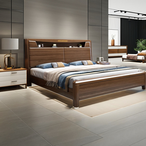 Muebles de madera maciza, cama doble de madera maciza de nogal personalizada con gran almacenamiento, muebles de dormitorio tamaño King de diseño chino moderno hechos de tela de pino de roble de teca - Product Image 1