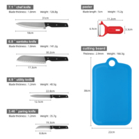 Ensemble de 6 couteaux de cuisine : Santoku + Chef + Éplucheur + Couteau à découper + Couteau utilitaire + Planche à découper, en acier inoxydable affûté pour légumes et viande