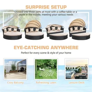 Hight Quality Patio Furniture Sectional Rattan Round Outdoor Daybed With Retractable Canopy