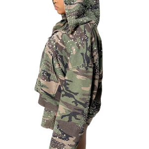 Sweat à capuche zippé camouflage personnalisé pour homme, avec décoration de strass et pois, coupe ample oversize, style streetwear, veste à capuche entièrement zippée - Product Image 3