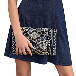 Women's Ethnic Beaded Clutch Handbag Navy <b>Gold</b> Floral Envelope Purse <b>for</b> Evening Party - Product Image 1