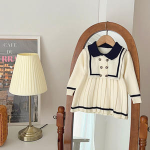 Vestido de Punto Estilo Marinero Casual para Niñas, Versión Coreana de Otoño, Manga Larga, Diseño Sólido, Vestido Plisado - Product Image 3