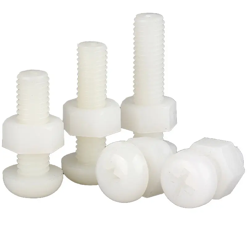 Viti di plastica per fornitura diretta in fabbrica con testa a croce rotonda in nylon bianco nero e dado esagonale
