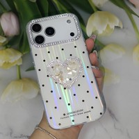 Coque de téléphone tendance à pois laser, avec strass en forme de cœur 3D effet pierre concassée et cadre d'appareil photo, pour iPhone 11 12 13 14 15 16 17 18, pour commande en gros