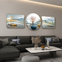 Tableau mural paysager serein en trois parties, bleu et or, avec arbre, cerf, verre, cristal et panneaux en aluminium pour salon et intérieurs d'hôtel