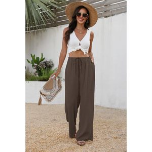 Pantalon palazzo fluide à jambes larges pour femme, taille haute, cordon de serrage, taille élastique, avec poches, vêtements d'été pour les vacances à la plage - Product Image 3