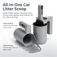 Pelle à litière pour chat tout-en-un, tamis filtrant détachable grande capacité avec rangement pour sacs poubelles pour le nettoyage des excréments de chat