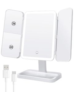 Double Door <b>LED</b> <b>Makeup</b> <b>Mirror</b> Tri Fold Vanity <b>Mirror</b> <b>with</b> 3 Color <b>Lights</b> Adjustable Height Storage Base - Product Image 1