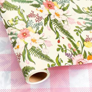 MAYPLUSS Floral Wrapping <b>Paper</b> <b>Roll</b> 17Inch x 33Feet Reversible Pink Grid Spring Summer Gift <b>Wrap</b> Eco-Friendly - Product Image 1