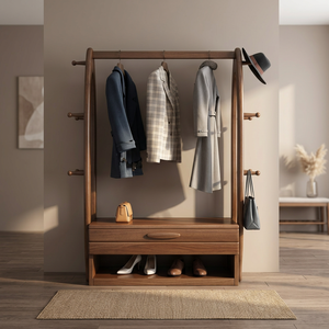 Porte-manteau moderne en bois avec étagères et crochets, meuble de rangement autoportant pour entrée, design mi-siècle pour salon - Product Image 1