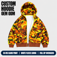 Sweat à capuche homme personnalisé 420GSM orange, imprimé camouflage haute visibilité, doublure polaire blanche, bordure néon, fermeture éclair intégrale, poignets côtelés, coupe oversize pour le streetwear