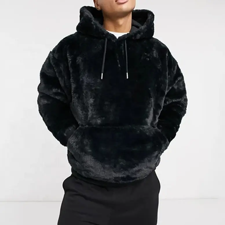 Özel boş erkekler hoodie siyah faux kürk ceket artı boyutu erkek hoodies Dongguan moda kürk terlik oem