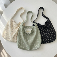 Sac fourre-tout en coton à imprimé floral délicat, avec bouton-pression, grande capacité, sac à main décontracté pour femme, usage quotidien
