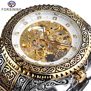 Winner Forsining 521 Diamond Mens Watches Skeleton Automatic Wristwatch Stainless Steel Mechanical Outdoor Watch Golden Clock