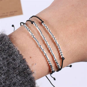 Bracelet de Couple en perles argentées, carte extension lune, corde noire tressée, Code Morse, breloque - Product Image 3