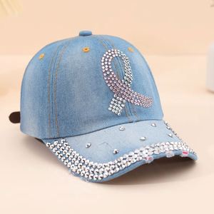 Gorra de béisbol de mezclilla con visera curva y diamantes de imitación, diseño de 6 paneles, ajustable, decoración de pedrería, imagen versátil, parasol. - Product Image 2