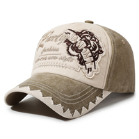 Casquette de baseball à 6 panneaux à visière incurvée en toile délavée bicolore avec applique tigre effilochée, logo personnalisé OEM, fournisseur de casquettes sous marque privée