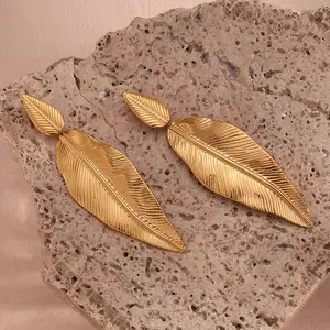 Boho Style Women's Stainless Steel Textured Leaves Gold Plated Long Drop Earrings Non Oxidation Fashion Jewelry