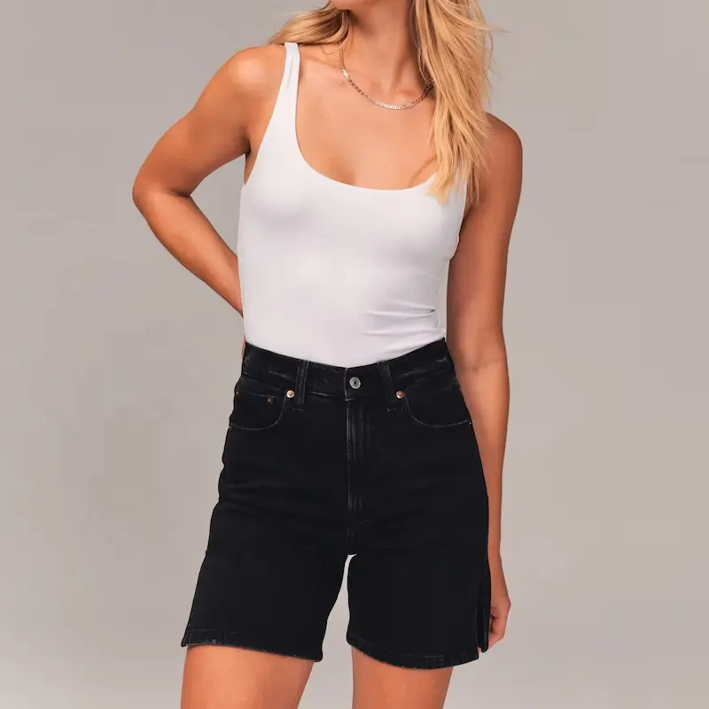 Nieuwe Mode Dames Hoogbouw 7 Inch Korte Jeans Stretchstof Zwarte Denim Korte Broek Met Split Short Aan De Zijkant