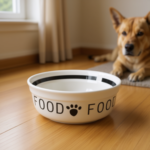 Tazón de cerámica para comida de mascotas de 0.6 L, blanco con diseño de huellas negras para perros y gatos - Product Image 3