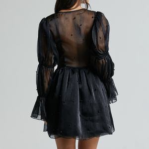 ชุดราตรีงานแต่งงานหรูหราแบบ OEM ประกายระยิบระยับ ชุดเดรสงานวันเกิด แขนยาวพองฟู สีดำ คอวีลึก สำหรับผู้หญิง ชุดราตรีออกงานกลางคืน - Product Image 2