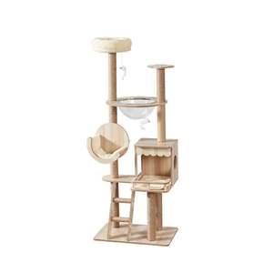 Meuble arbre à chat moderne et spacieux en bois, laine et sisal, avec niches et étagères murales, produit pour chats - Product Image 6