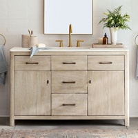 Meuble-lavabo moderne en chêne clair avec vasque simple et plan de travail en quartz, meuble-lavabo contemporain autoportant avec 1 tiroir et 2 portes