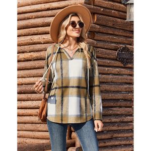 FOXA Sudadera con capucha a cuadros para mujer, manga larga, cuello en V, estilo casual para otoño, con bolsillos, mezcla de algodón transpirable - Product Image 4