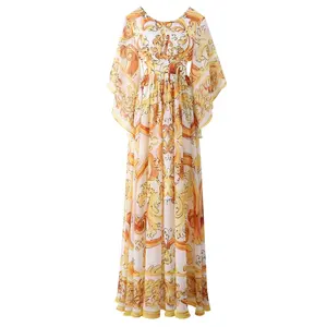 Abito lungo elegante primavera primavera nuovo Fashion Design da donna in <span class=keywords><strong>Chiffon</strong></span> stampa Vintage <span class=keywords><strong>giallo</strong></span> stampa senza schienale - Product Image 1