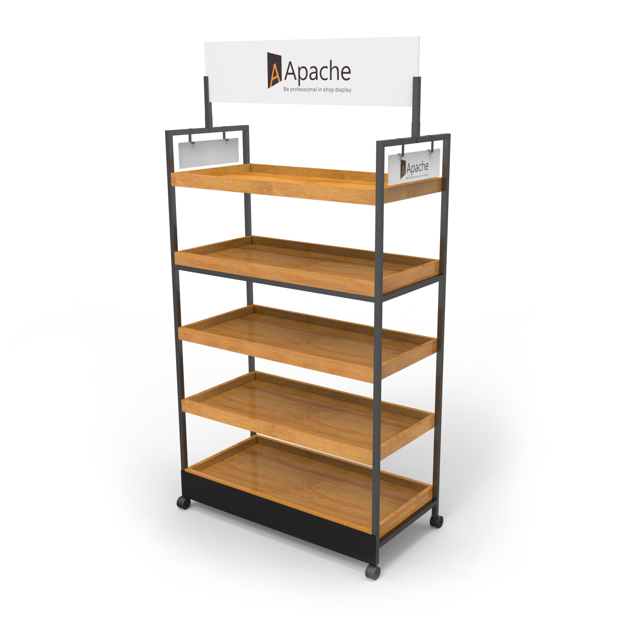 Wooden Tray Metal Salad Display Stand with Wheels for Stores — view 5