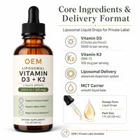 Gouttes de Vitamine D3 K2 Liposomales Végétaliennes avec Porteur MCT, Complément Alimentaire Végétal pour le Soutien Immunitaire, Étiquette Nettoyée, Vente en Gros OEM