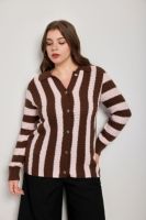 Cardigan en tricot ajouré à col polo pour femmes grandes tailles, rayures verticales marron et rose, manches longues, pull tricoté rayé, vêtement d'extérieur