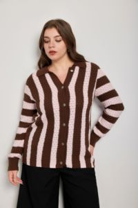 <span class=keywords><strong>Cardigan</strong></span> Vintage a Righe <span class=keywords><strong>Marrone</strong></span> e Rosa in Maglia Traspirante per Donna, Casual in Cotone e Acrilico con Bottoni, Taglie Forti, Autunno Inverno - Product Image 5