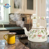 Bouilloire à thé vintage élégante en fonte émaillée à double paroi, motif floral vert, poignée en porcelaine à toucher froid, pour cuisinière domestique et cuisine