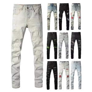 Jean droit pour homme style punk en denim délavé foncé, respirant, en coton/élasthanne, avec motif imprimé métallisé, taille mi-haute et fermeture boutonnée - Product Image 3