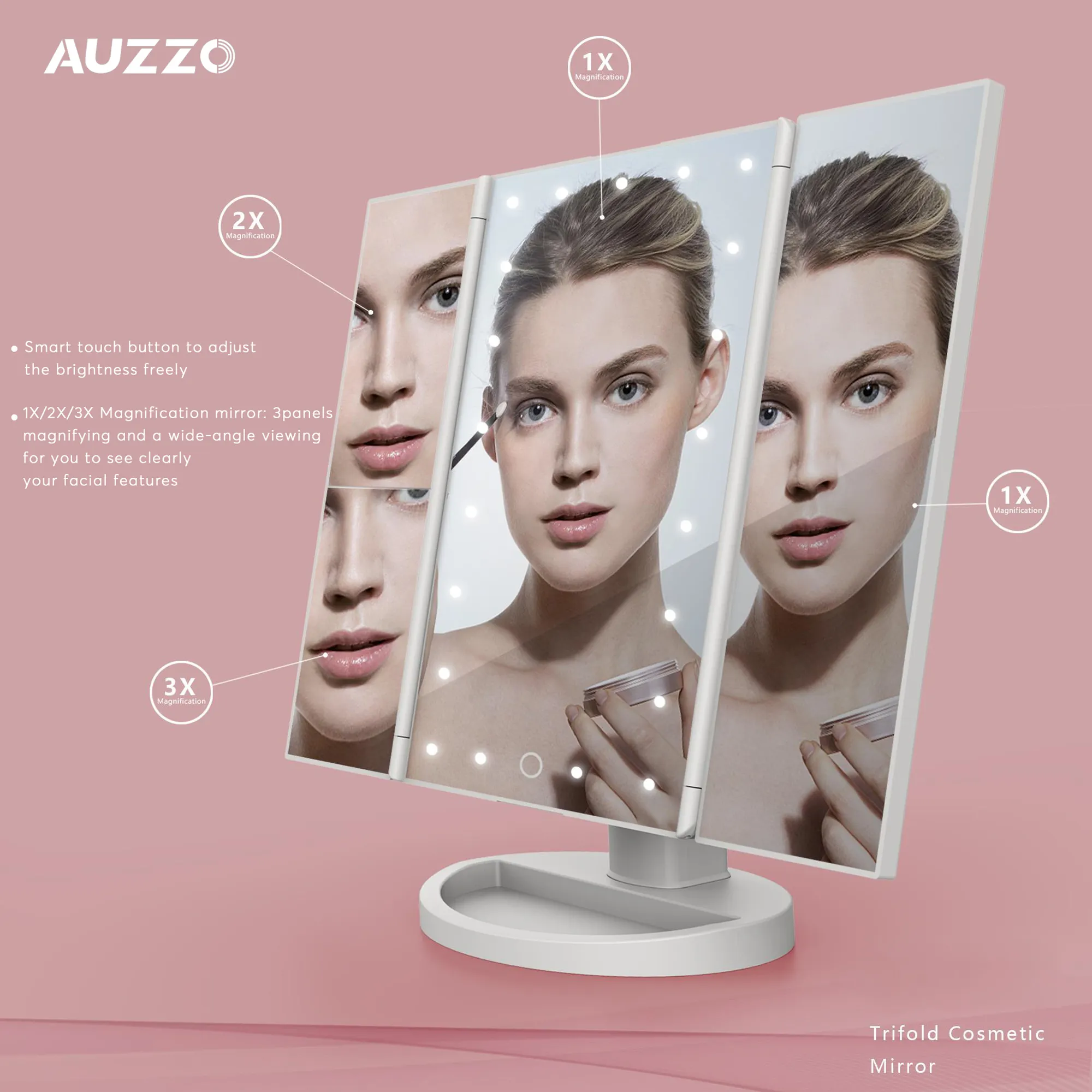 Auzzo/Oem Trifold Verstelbare Touch Screen Make Up Spiegel Opvouwbare Led Make Up Spiegel Voor Meisjes
