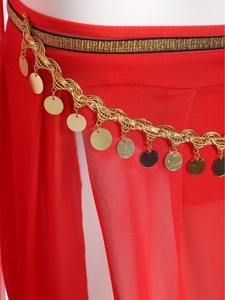 Conjunto de 3 piezas para danza del vientre para mujer: Top corto de un hombro, falda larga transparente, cinturón con monedas y mangas para brazos. Traje de danza oriental. - Product Image 4