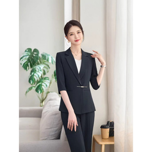 Women's Two Piece Suit Set Mid Sleeve Blazer Trousers Black Formal Anti Wrinkle Commute Spring Summer Autumn - Product Image 4