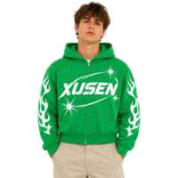 Sudadera con Capucha y Cierre para Hombre, Diseño Personalizado ODM, Estilo Urbano Informal, Hip Hop, con Estampado de Estrellas y Llamas, Otoño