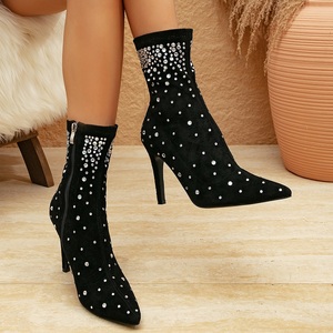2025 Autumn Winter Female Pointed Toe Black Booties High Heels Sexy Rhinestone Fashion Ankle <b>Boots</b> for Women - Product Image 2