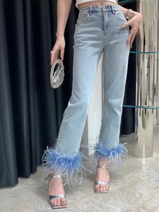 Jeans Y2K con Plumas para Mujer, <span class=keywords><strong>Pantalones</strong></span> Vaqueros Ajustados de Mezclilla para Primavera/Verano - Product Image 5