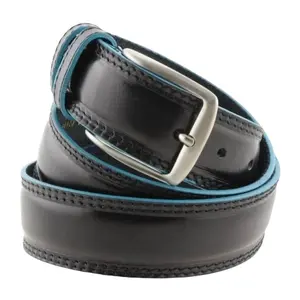 High Quality Italian Origin handmade Cow Hide male leather black belt with light blue border 4 cm length 105-135 cm for sale