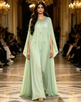 Kaftan Abaya de Luxe à Strass et Perles, Couleur Unie, Coupe Ample, Taille Haute, Grand Volant, Robe Longue Islamique pour Fête de l'Aïd