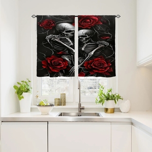 Rideau court de fenêtre Halloween Gothique Rose Rouge à motif squelette sur <span class=keywords><strong>fond</strong></span> noir, 2 panneaux, personnalisable - Product Image 1