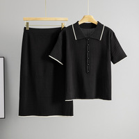 Ensemble pull tricoté pour femme, col polo, manches courtes, jupe, tenue décontractée pour le bureau, été