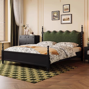 Vintage Style Solid Wood Upholstered <b>Bed</b> 1.8m Master Bedroom Double <b>Bed</b> Retro Wave Headboard American Soft Fabric Bedroom - Product Image 3