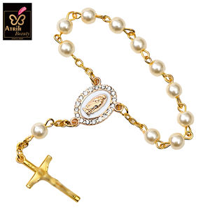 금도금 진주 비즈 로사리오 팔찌 (십자가와 성인 메달 포함) 우아한 종교적 장식 - Product Image 1