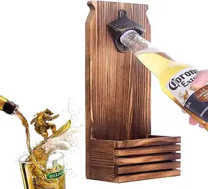 JUNJI Bottle Openers Wall Mounted Wooden Vintage Beer Bottle Opener with Iron Catcher Opener Tool wooden bottle opener